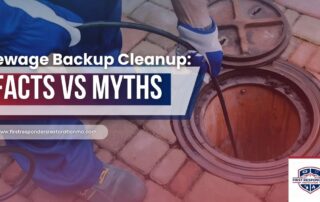 Technician performing sewage backup cleanup near an open manhole with text overlay reading "Sewage Backup Cleanup: Facts vs Myths."