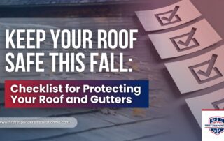 Roof with fallen leaves and checklist graphics, promoting fall roof and gutter protection tips from First Responders Restoration.