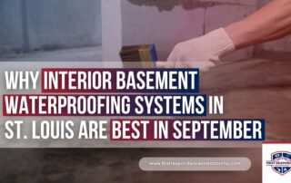 Worker applying waterproofing sealant to an interior basement wall with a brush, promoting why interior basement waterproofing systems in St. Louis are best in September.