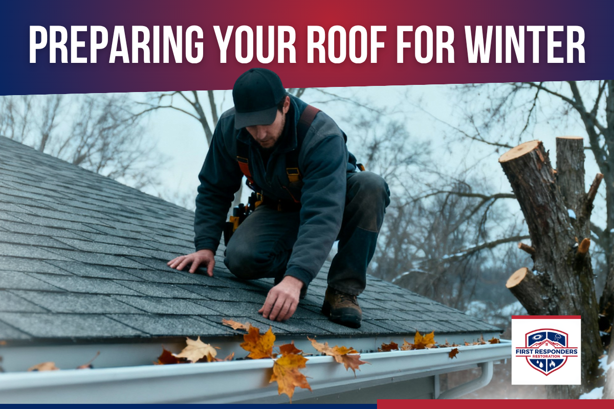 A roofing professional inspects shingles and clears autumn leaves from a roof gutter to prepare the home for winter weather.