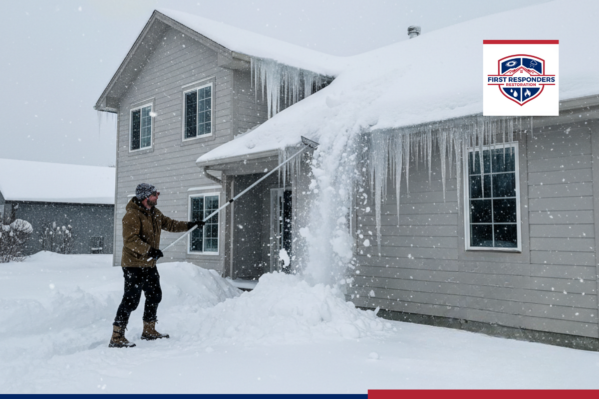 A homeowner removes snow and icicles from a roof during heavy snowfall to prevent ice dams and winter roof damage.