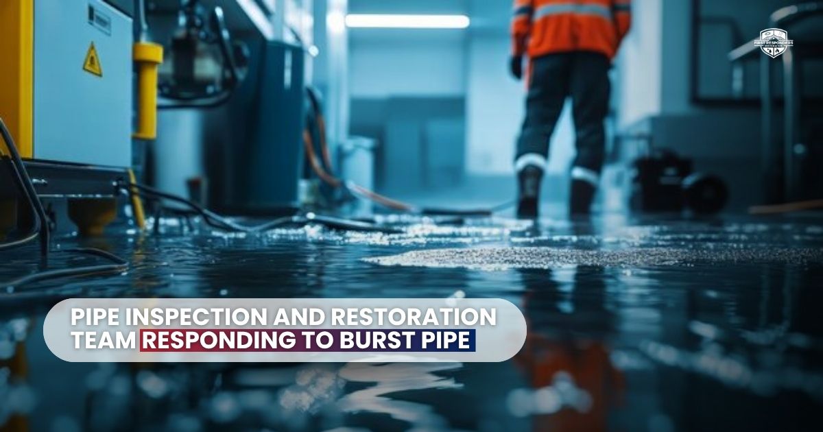 Pipe Inspection and Restoration Team Responding to Burst Pipe Pipe inspection and restoration team responding to a burst pipe in a flooded commercial facility to prevent water damage and restore safety.