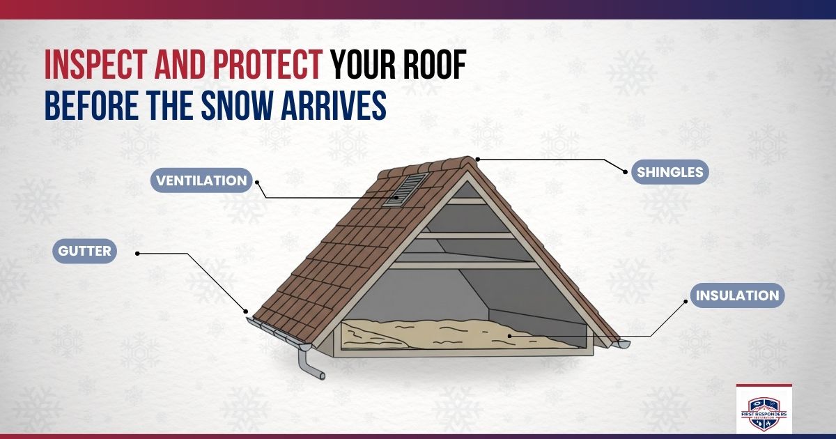 Roof diagram showing shingles, ventilation, gutters, and insulation for winter roofing maintenance before the snow arrives.