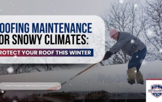 Roofing maintenance for snowy climates showing a homeowner removing snow from the roof to prevent ice dams and winter damage.