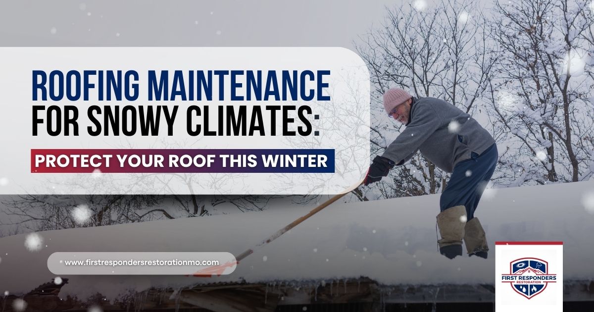 Roofing maintenance for snowy climates showing a homeowner removing snow from the roof to prevent ice dams and winter damage.